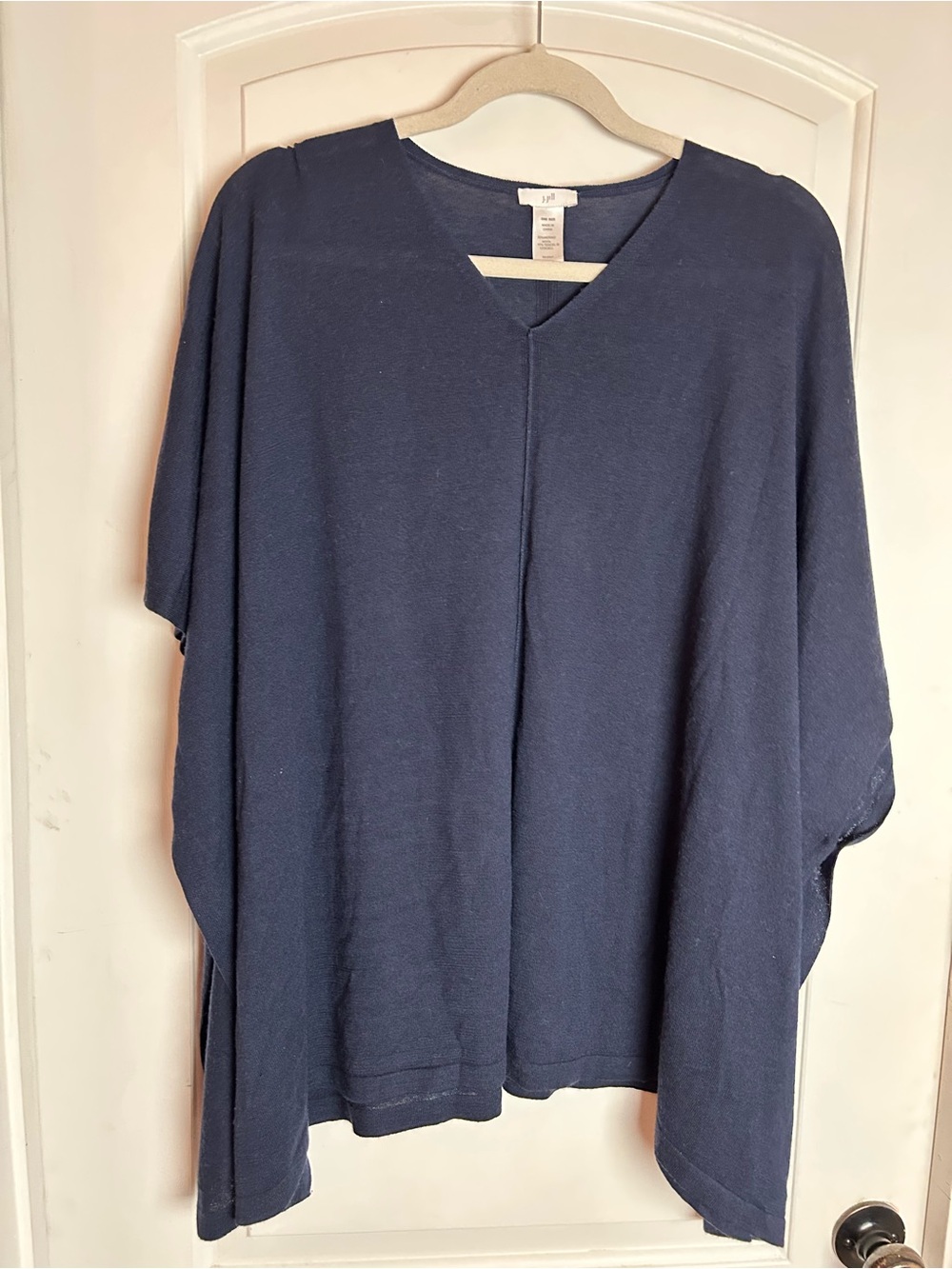 J Jill Navy V-Neck Poncho Oversized Lightweight Knit Tunic Merino Wool Blend